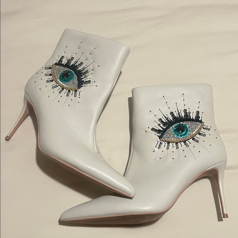 Kurt Geiger White Bedazzled Beaded Eye Embellished Ankle Boots